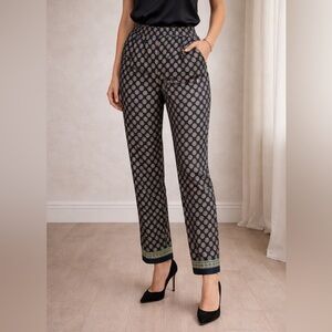 J.Crew Printed Slim (100%) Silk Pants | Navy & Green Pattern | Size 12 Like New